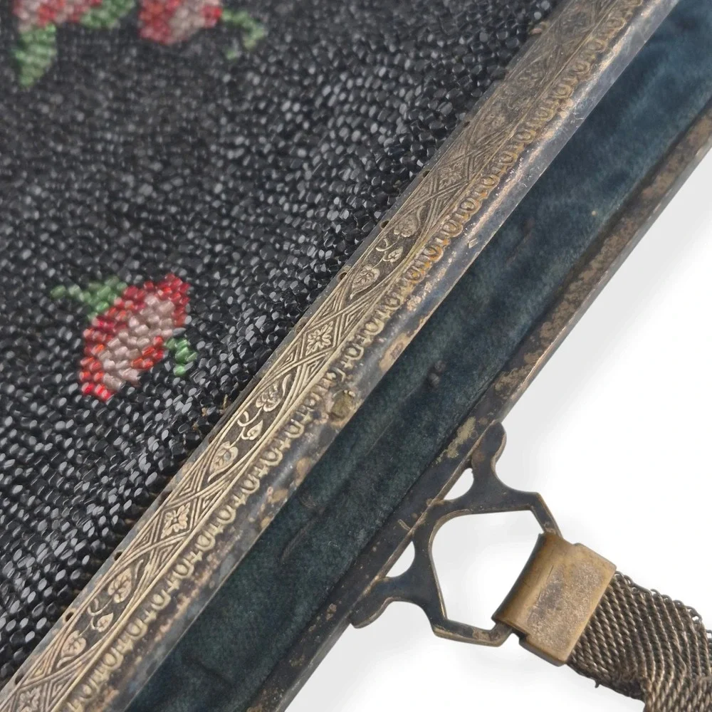 Antique Victorian Micro Beaded Purse Velvet Lining Monogram EB Double Sided 9